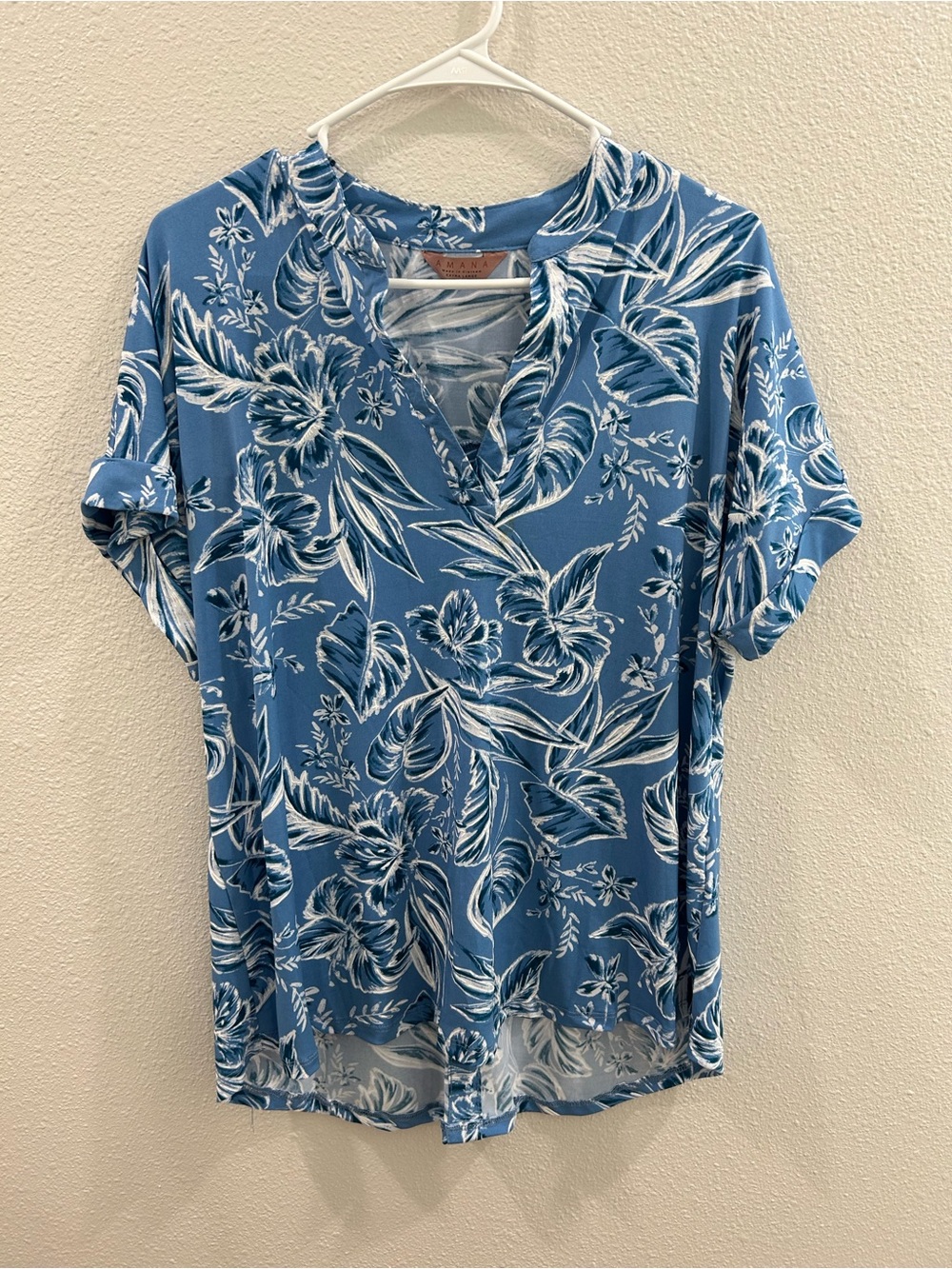 Blue Floral V-Neck Short Sleeve Blouse